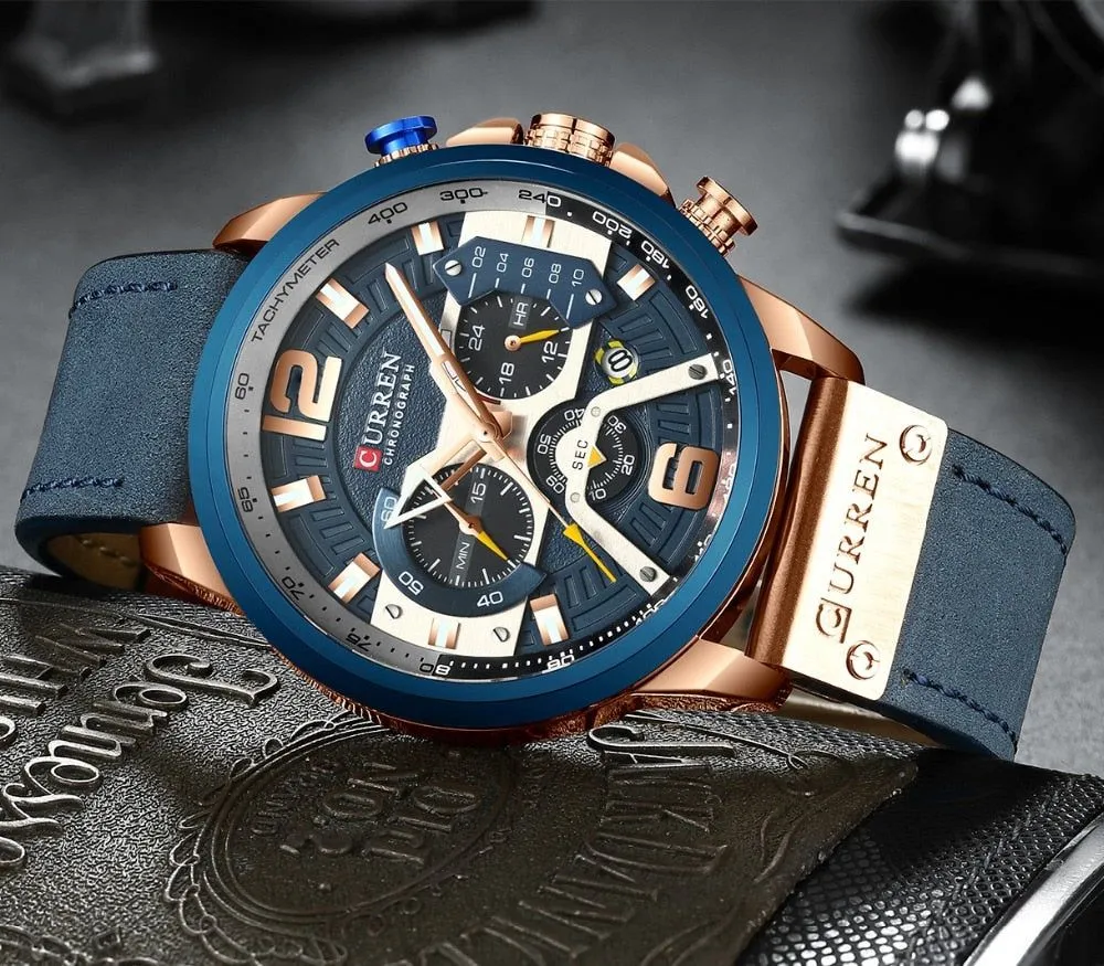 12/6 Men's Watches - Men Casual Leather Waterproof Chronograph Sport Quartz Watch