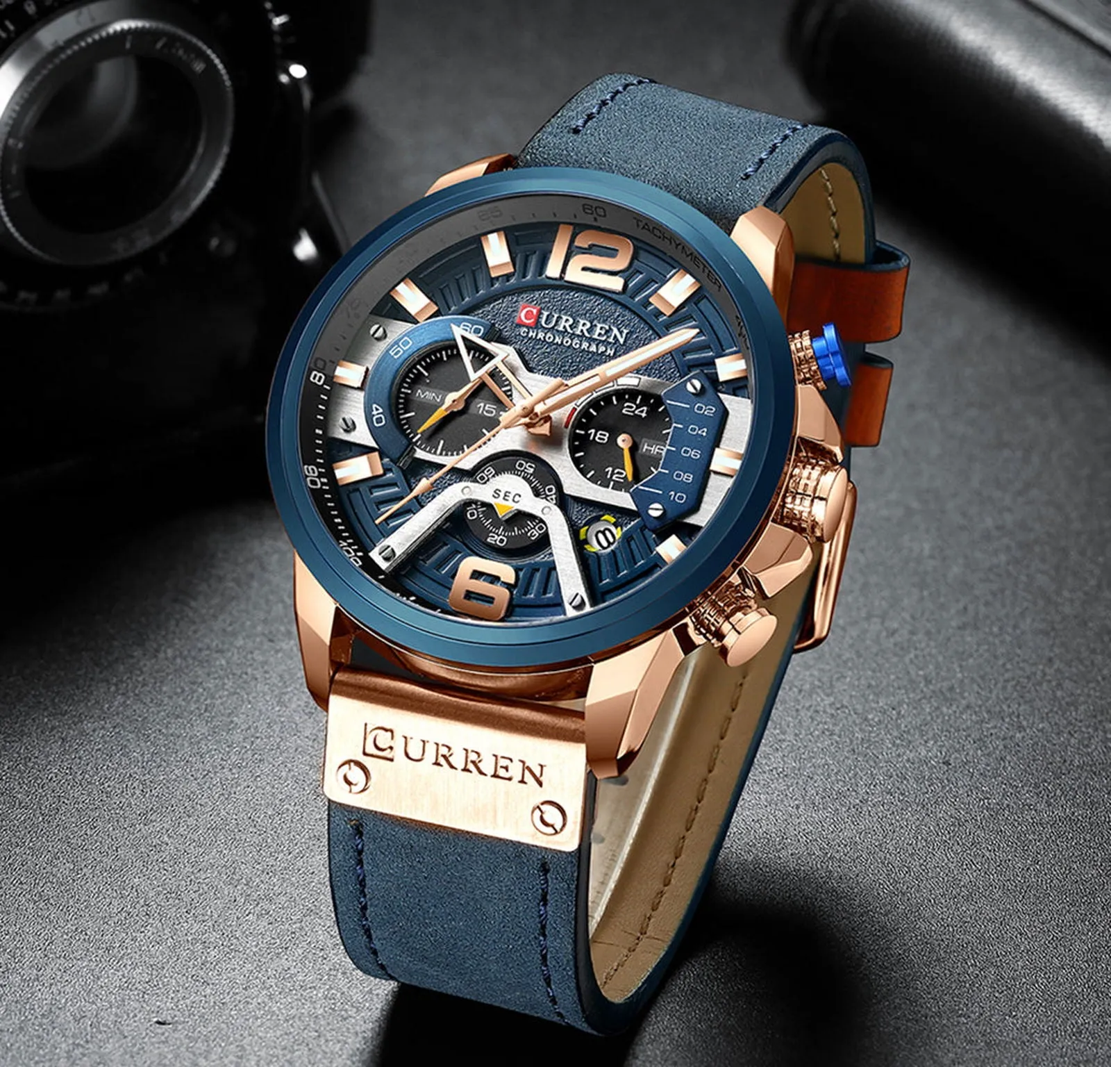 12/6 Men's Watches - Men Casual Leather Waterproof Chronograph Sport Quartz Watch