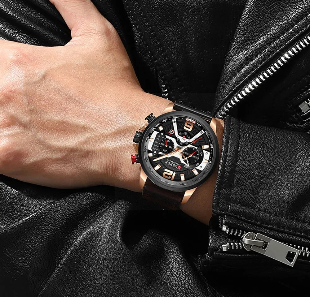 12/6 Men's Watches - Men Casual Leather Waterproof Chronograph Sport Quartz Watch