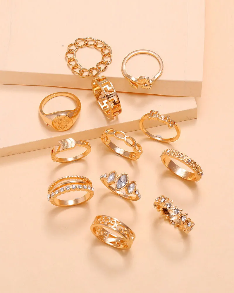 12PCS/Set Rhinestone Decor Geo Star Floral Pattern Ring