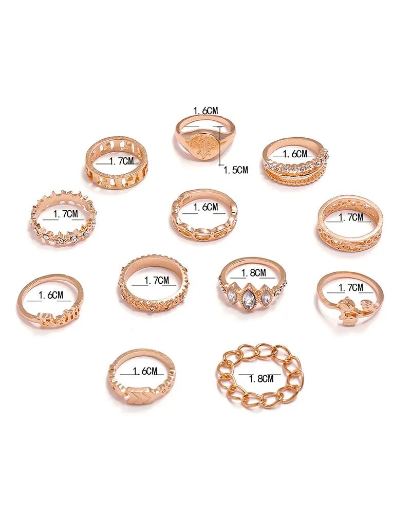 12PCS/Set Rhinestone Decor Geo Star Floral Pattern Ring
