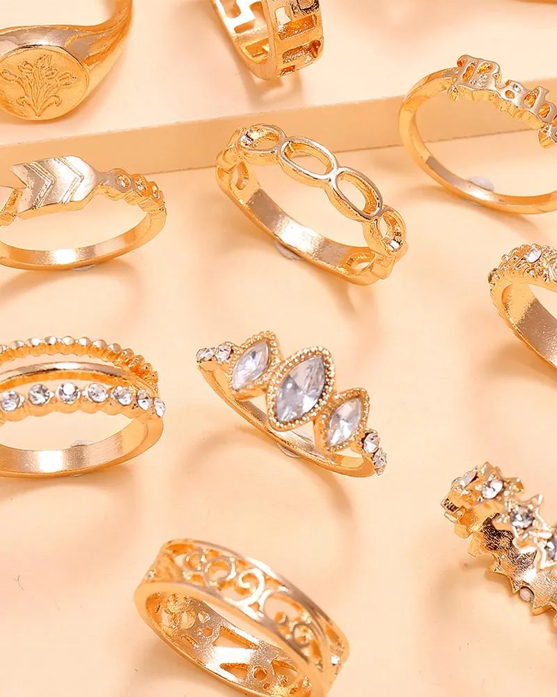 12PCS/Set Rhinestone Decor Geo Star Floral Pattern Ring