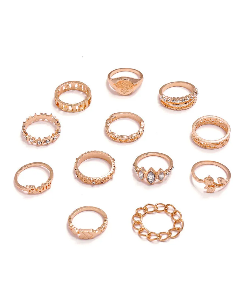 12PCS/Set Rhinestone Decor Geo Star Floral Pattern Ring