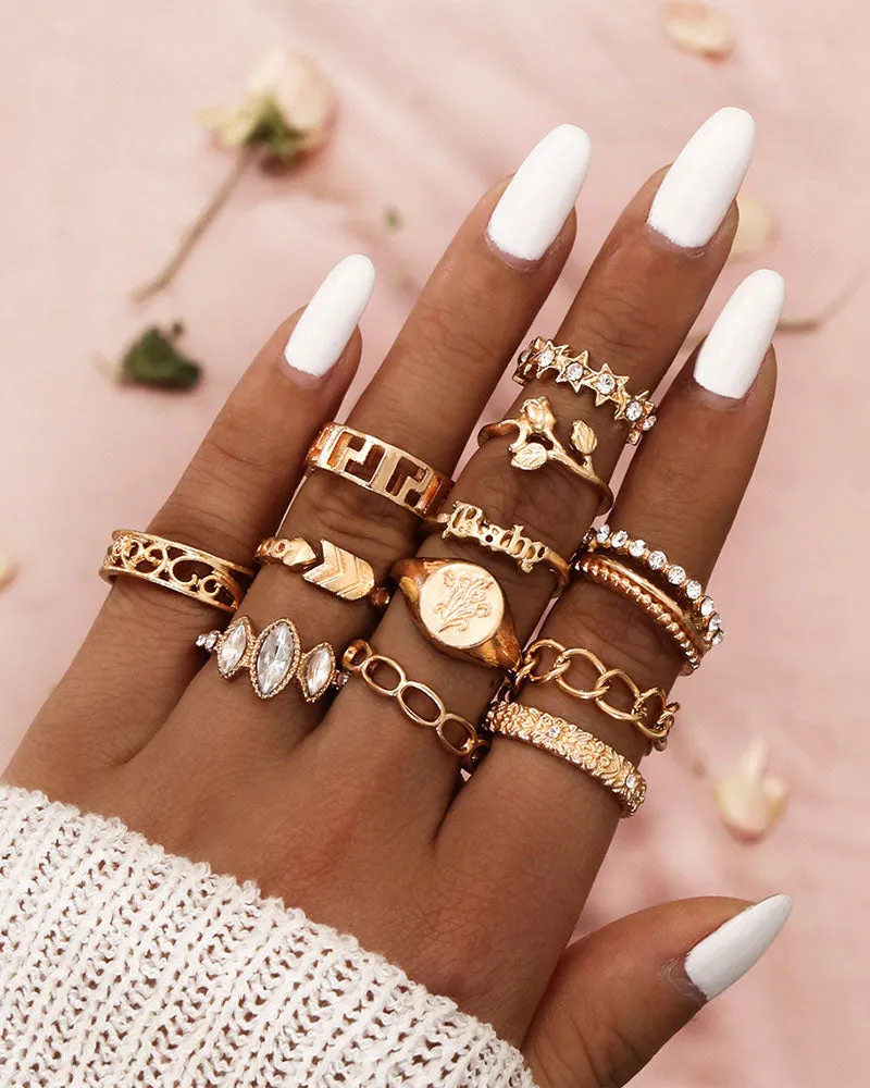 12PCS/Set Rhinestone Decor Geo Star Floral Pattern Ring