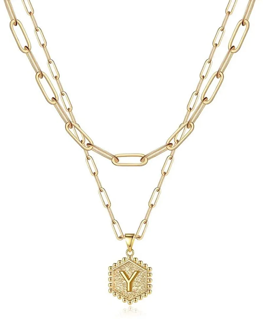 14K Gold Plated Chain Cute Hexagon Letter Pendant Choker Layered Necklace