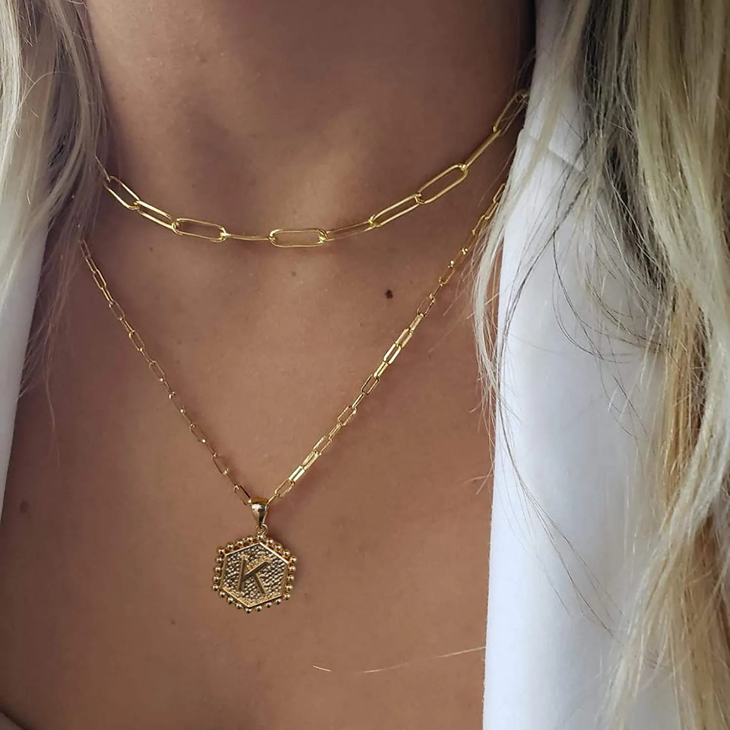 14K Gold Plated Chain Cute Hexagon Letter Pendant Choker Layered Necklace