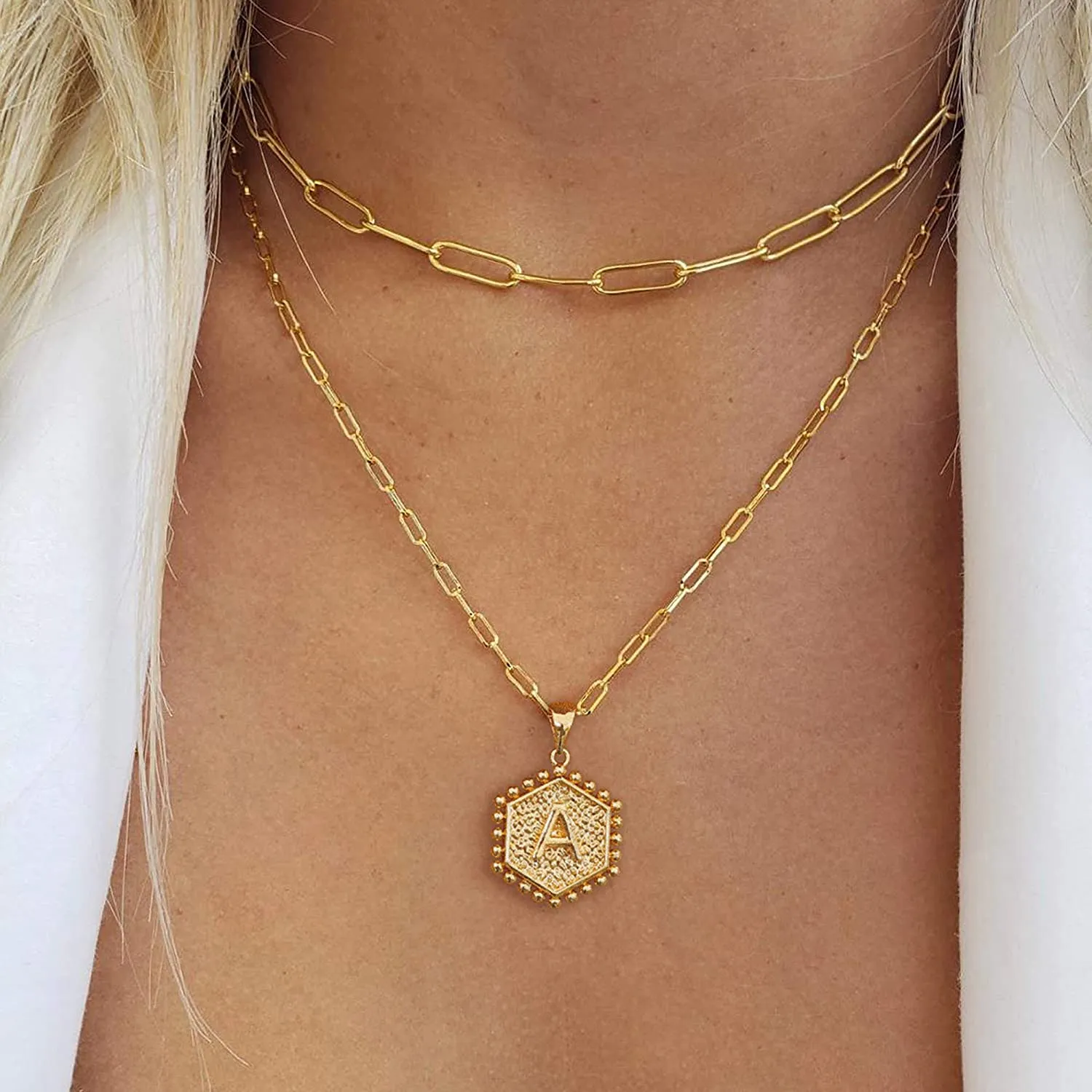 14K Gold Plated Chain Cute Hexagon Letter Pendant Choker Layered Necklace