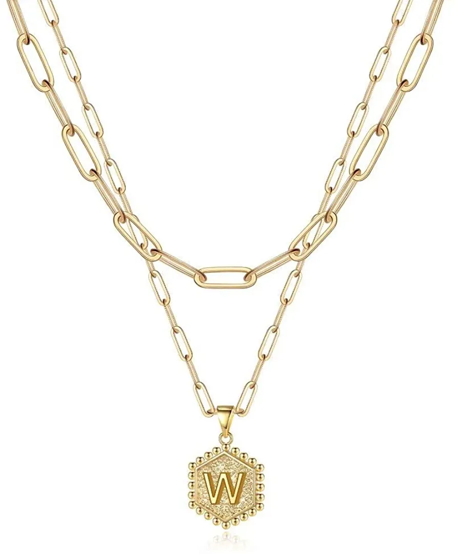 14K Gold Plated Chain Cute Hexagon Letter Pendant Choker Layered Necklace