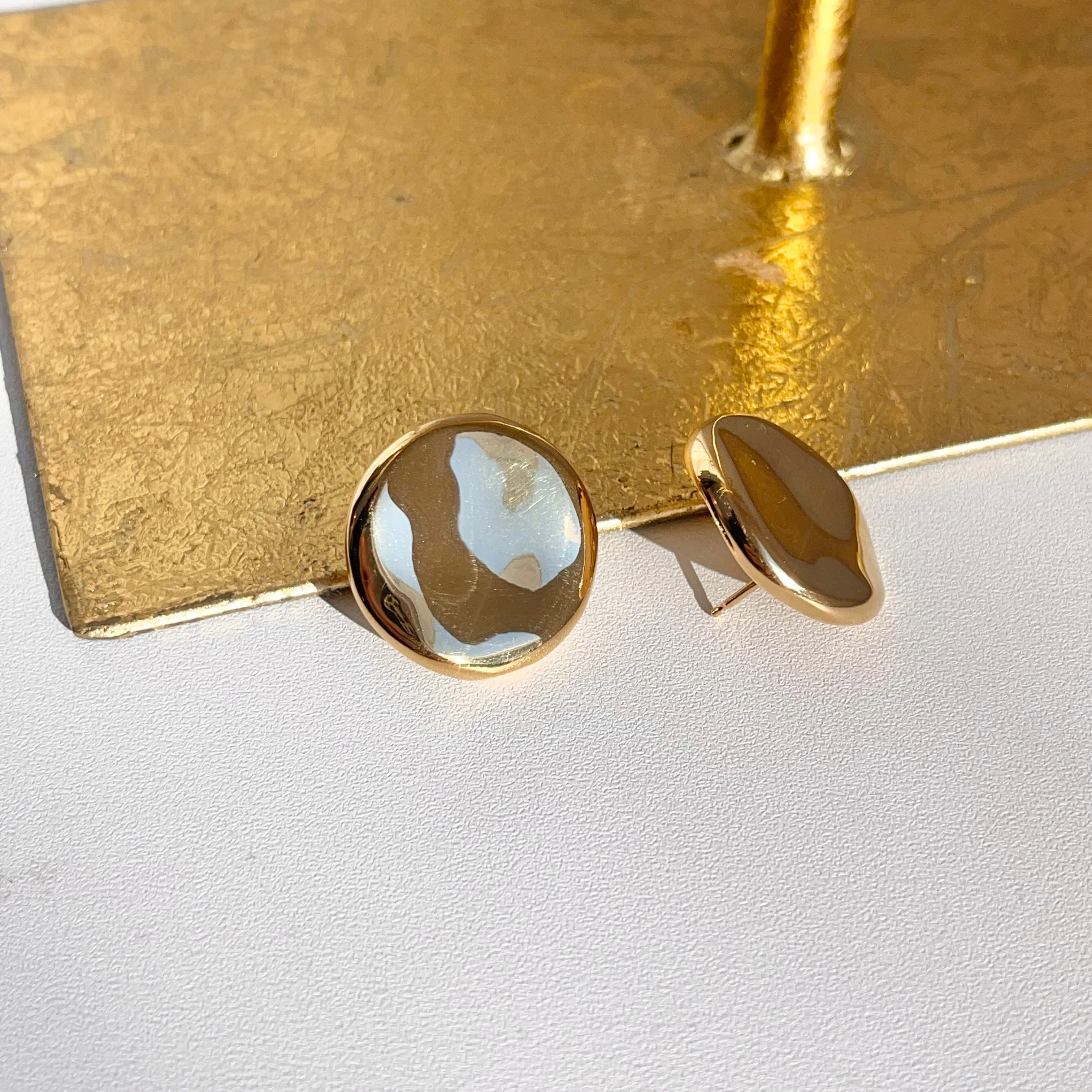 14KT Yellow Gold Concave Round Disc Omega Back Earrings 26mm