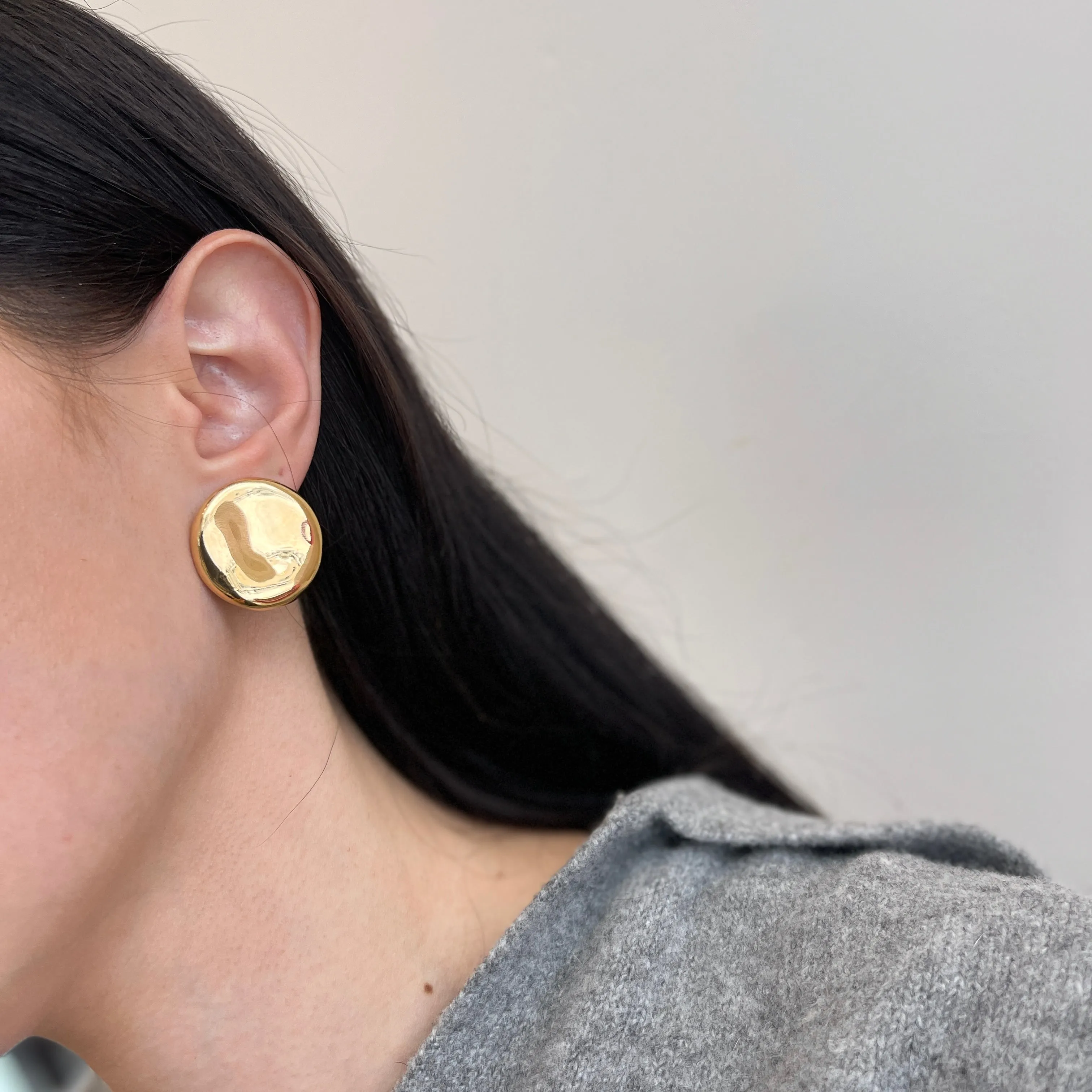 14KT Yellow Gold Concave Round Disc Omega Back Earrings 26mm