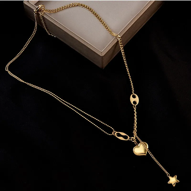 316L Stainless Steel Long Love Heart  Women Girls Necklaces Pendant