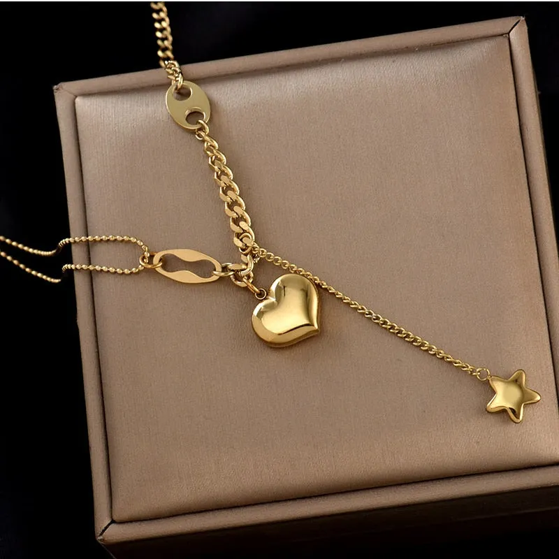 316L Stainless Steel Long Love Heart  Women Girls Necklaces Pendant