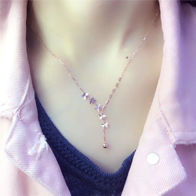 585 Purple Gold Plated 14K Rose Gold Stars Round Beads Chain Necklaces