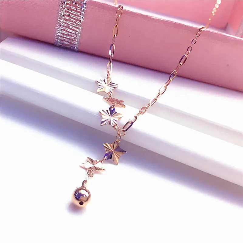 585 Purple Gold Plated 14K Rose Gold Stars Round Beads Chain Necklaces