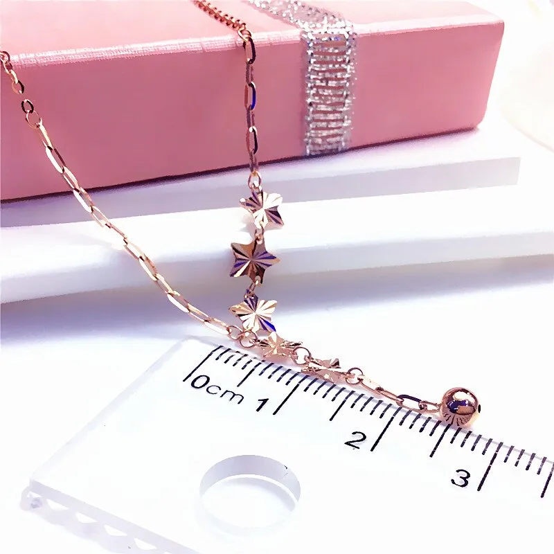 585 Purple Gold Plated 14K Rose Gold Stars Round Beads Chain Necklaces