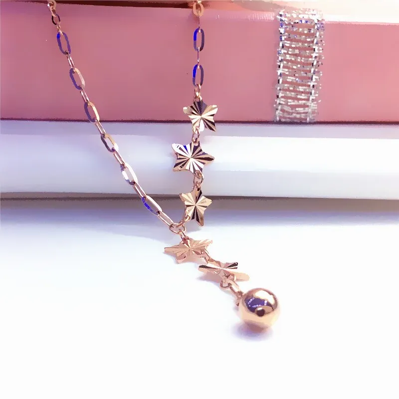 585 Purple Gold Plated 14K Rose Gold Stars Round Beads Chain Necklaces