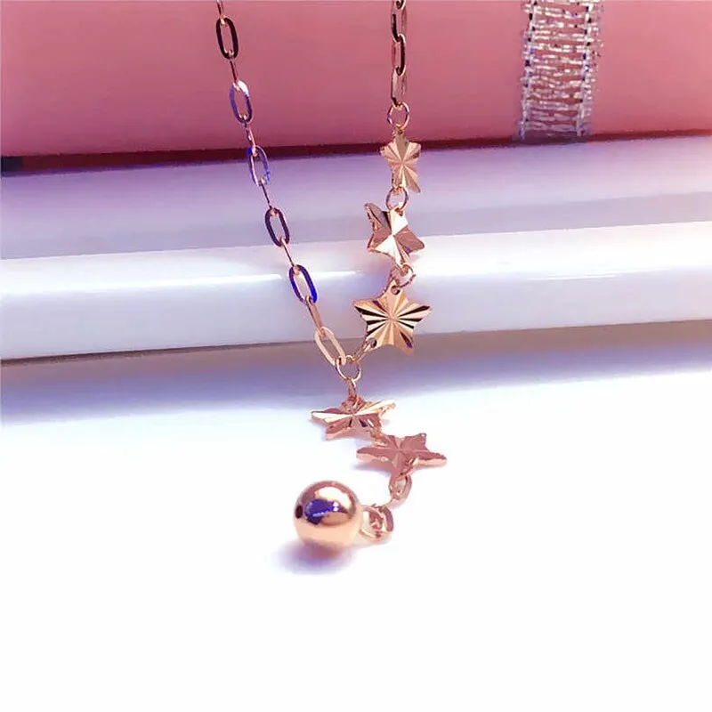 585 Purple Gold Plated 14K Rose Gold Stars Round Beads Chain Necklaces