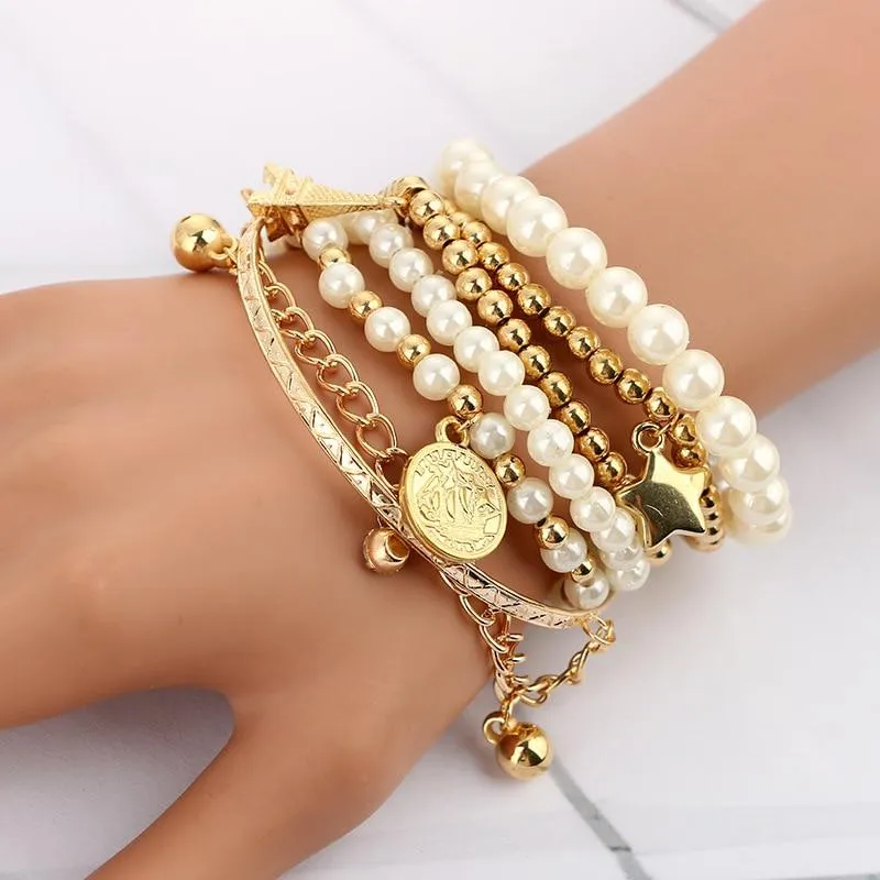 6pcs/set Multilayer Beaded Charm Bracelets For Women