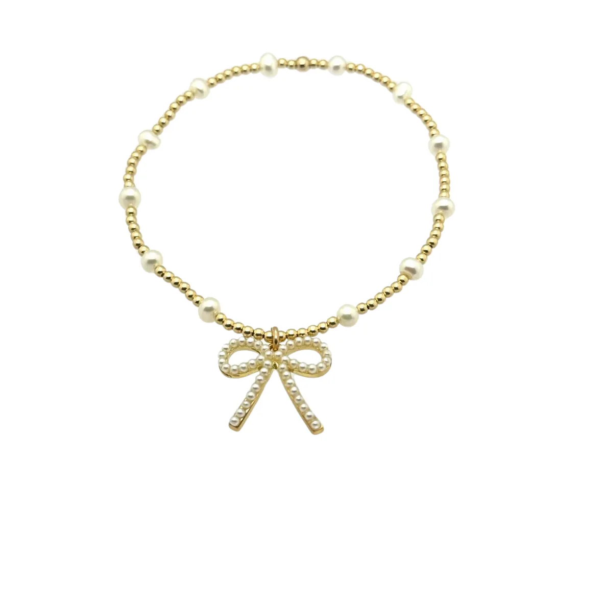 bara boheme - "BARA   FWP BOW" Charm Gold Filled & Pearl Beaded Bracelet: Gold Filled Beads / Stretchy 7"