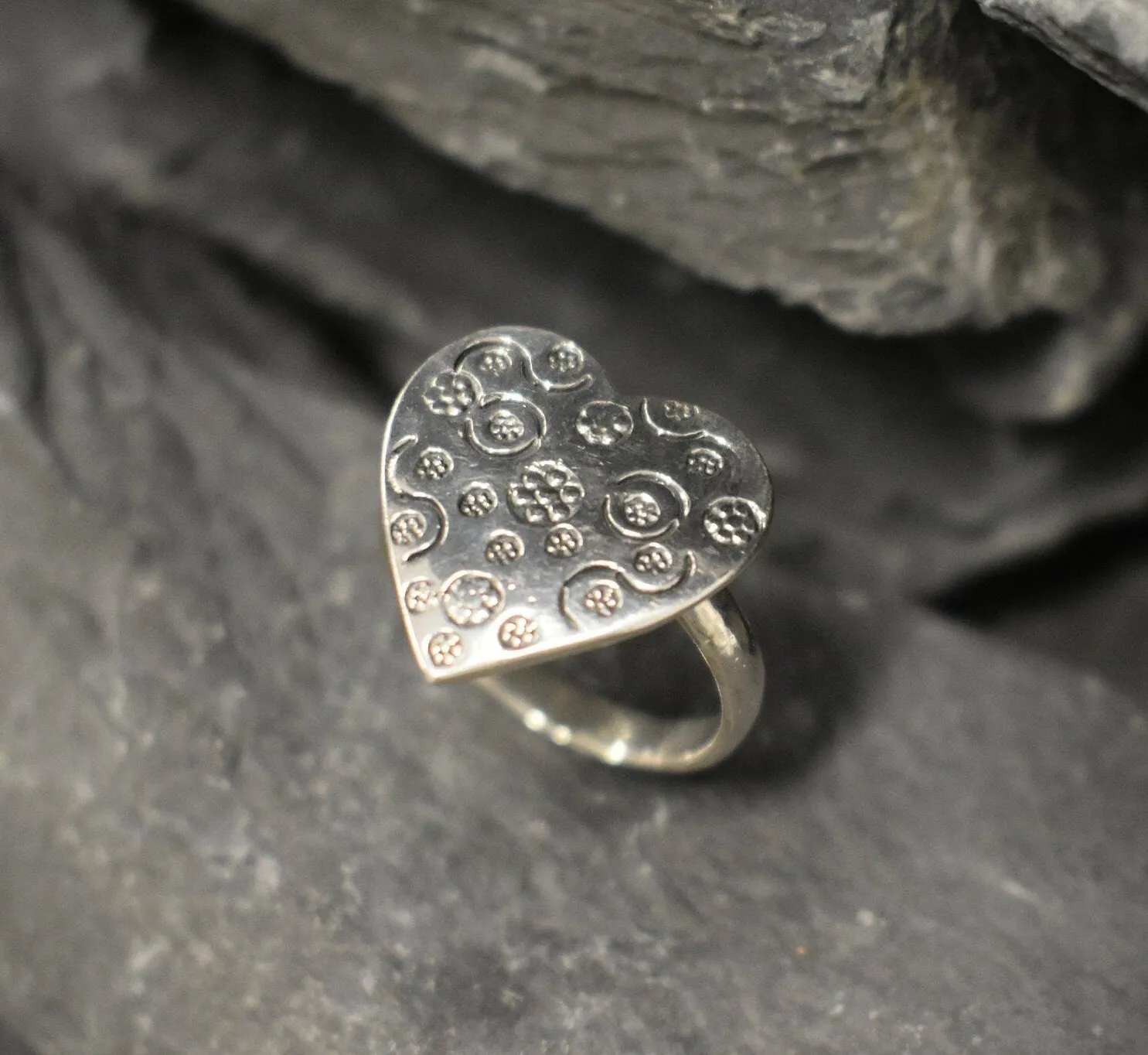 Big Heart Ring - Silver Heart Ring, Floral Pattern Heart Ring