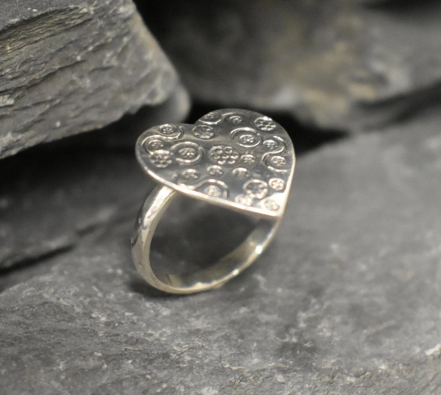 Big Heart Ring - Silver Heart Ring, Floral Pattern Heart Ring