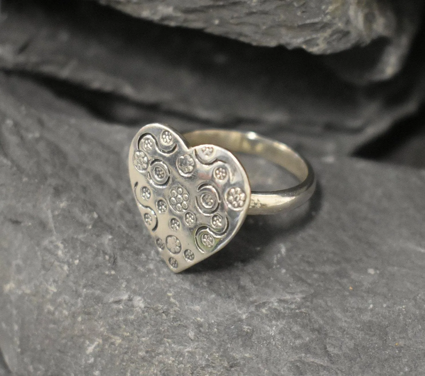 Big Heart Ring - Silver Heart Ring, Floral Pattern Heart Ring