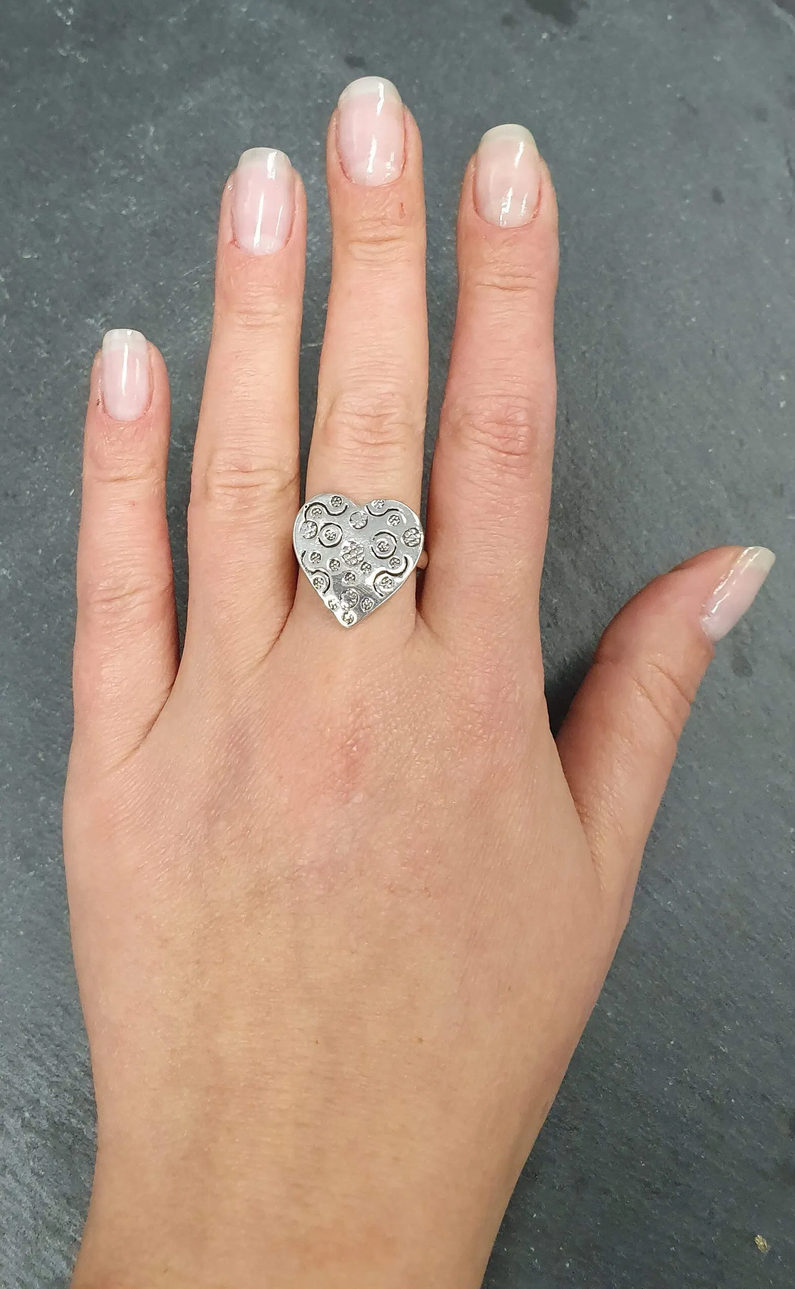 Big Heart Ring - Silver Heart Ring, Floral Pattern Heart Ring