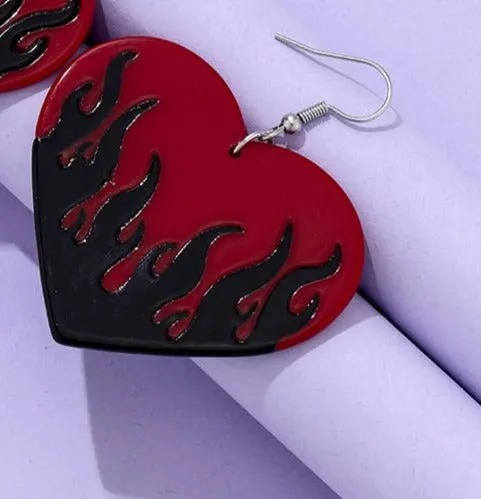 Black/Red Flame Heart Earring
