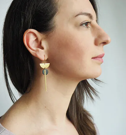 Brass Crescent, Black Disc & Bar Earrings | by brass bold