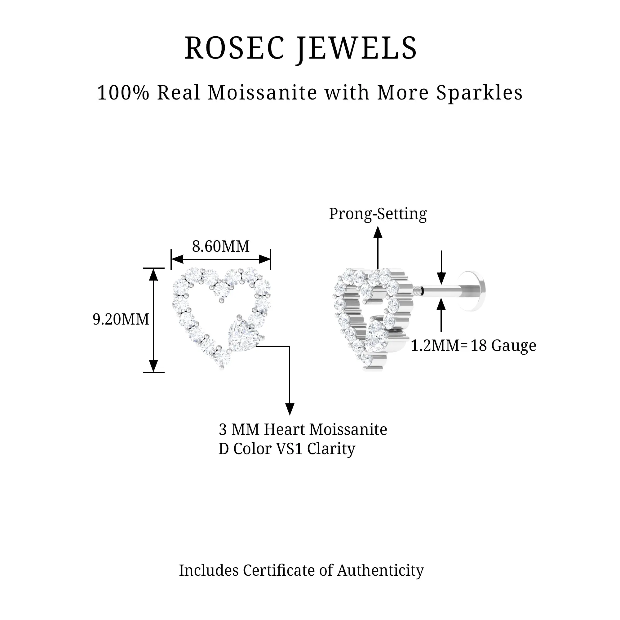 Certified Moissanite Gold Heart Cartilage Earring