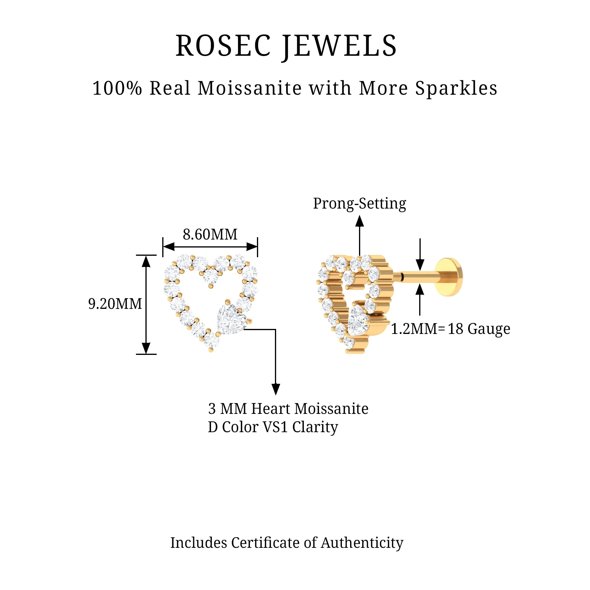 Certified Moissanite Gold Heart Cartilage Earring