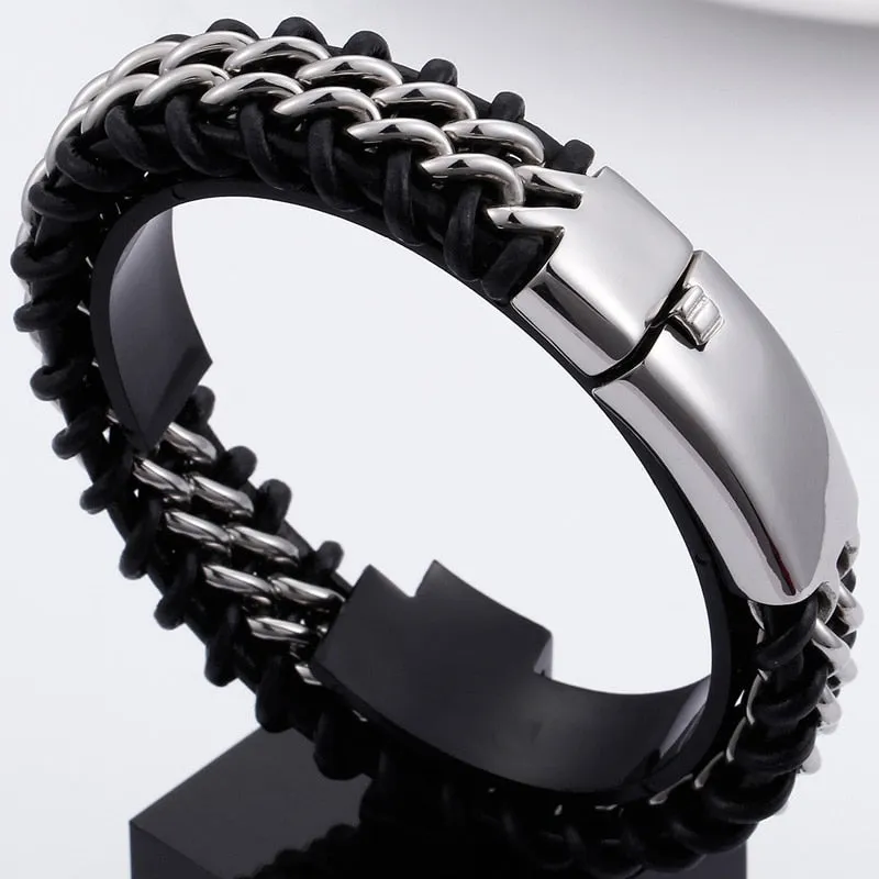 Charm Black Cowhide Braided Simple Leather Men's Bracelets