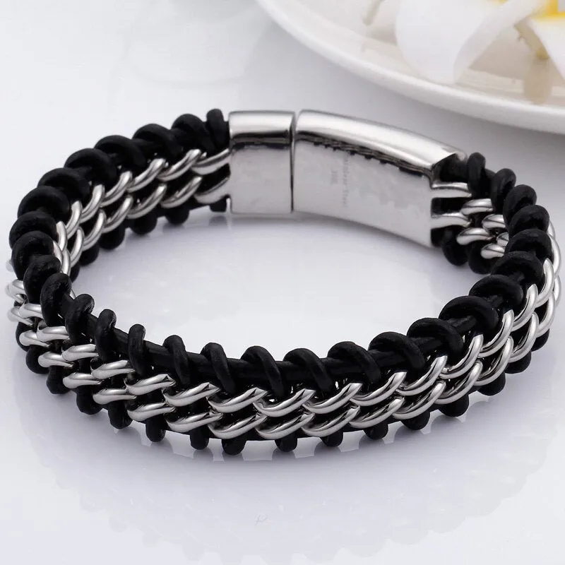 Charm Black Cowhide Braided Simple Leather Men's Bracelets