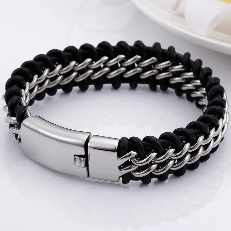 Charm Black Cowhide Braided Simple Leather Men's Bracelets