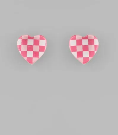 Checkered Heart Studs - Pink