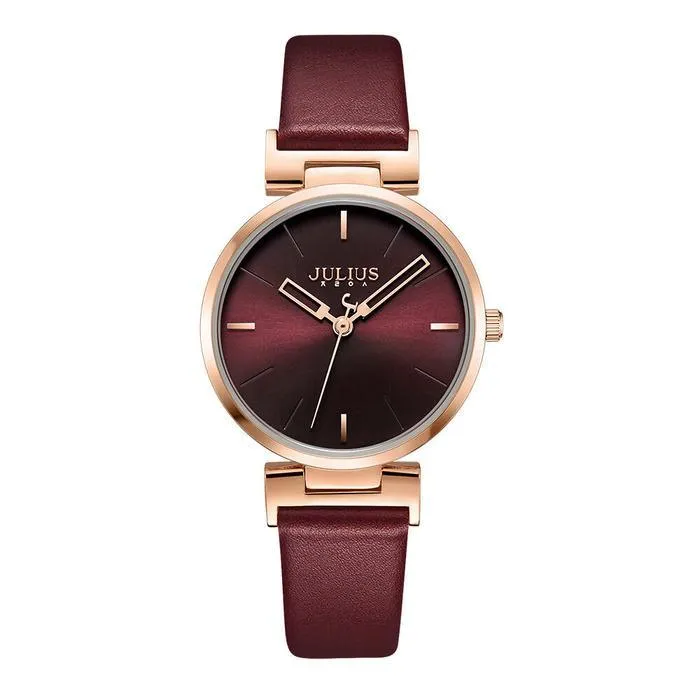 Chic Burgundy Leather Women's Watch by JULIUS: Stylish Timepiece with Precision Miyota Movement