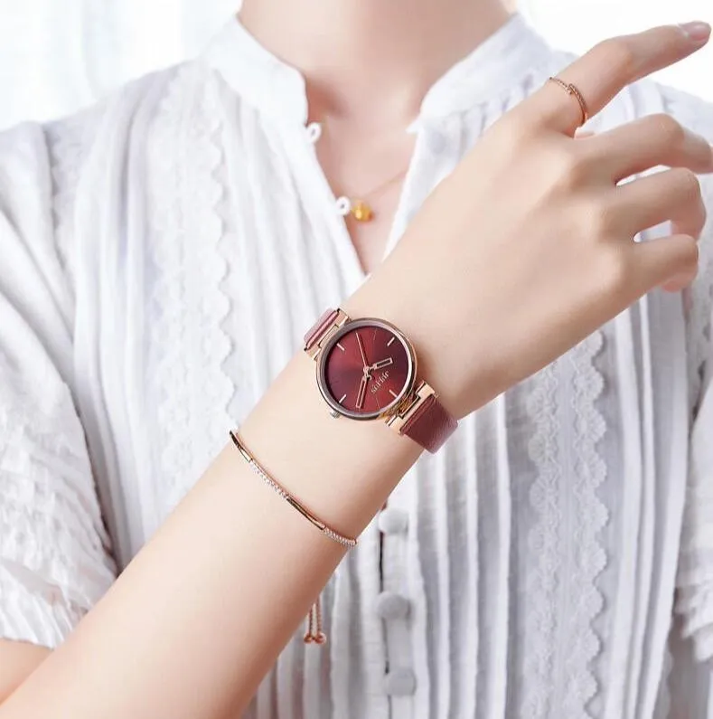 Chic Burgundy Leather Women's Watch by JULIUS: Stylish Timepiece with Precision Miyota Movement