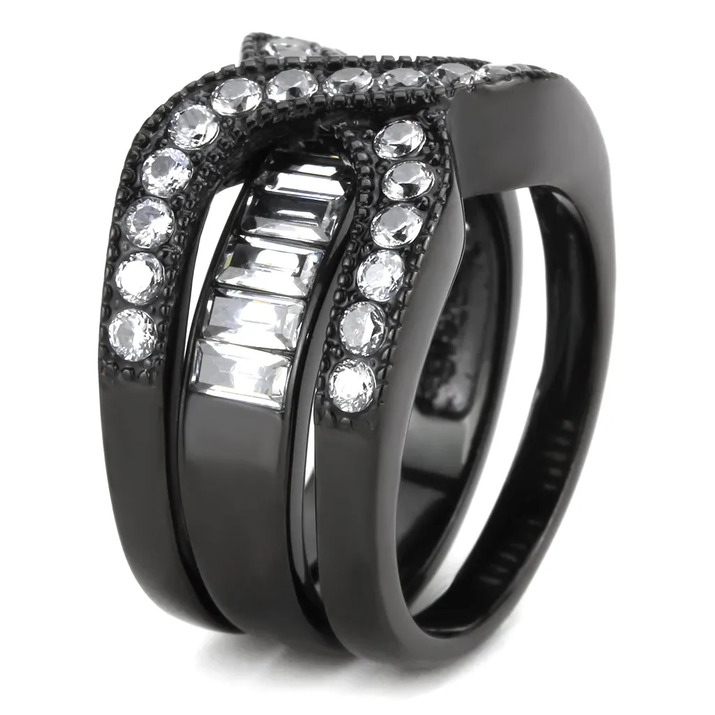 CJ3694 Wholesale Women's Stainless Steel IP Black AAA Grade CZ Clear Broad Ring Set