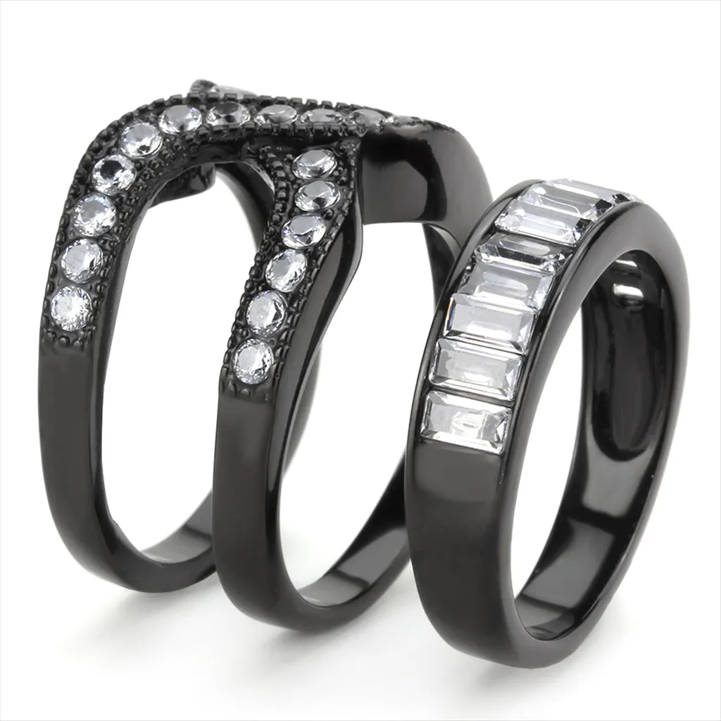 CJ3694 Wholesale Women's Stainless Steel IP Black AAA Grade CZ Clear Broad Ring Set