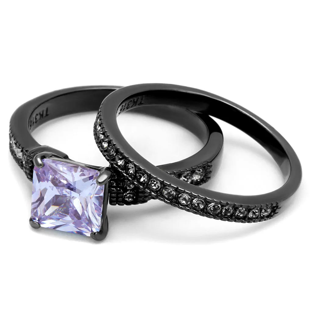 CJE2970 Wholesale Stainless Steel Light Black CZ Princess Cut Ring Set