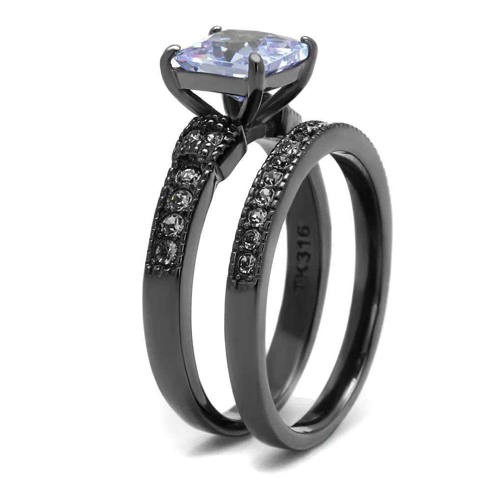 CJE2970 Wholesale Stainless Steel Light Black CZ Princess Cut Ring Set