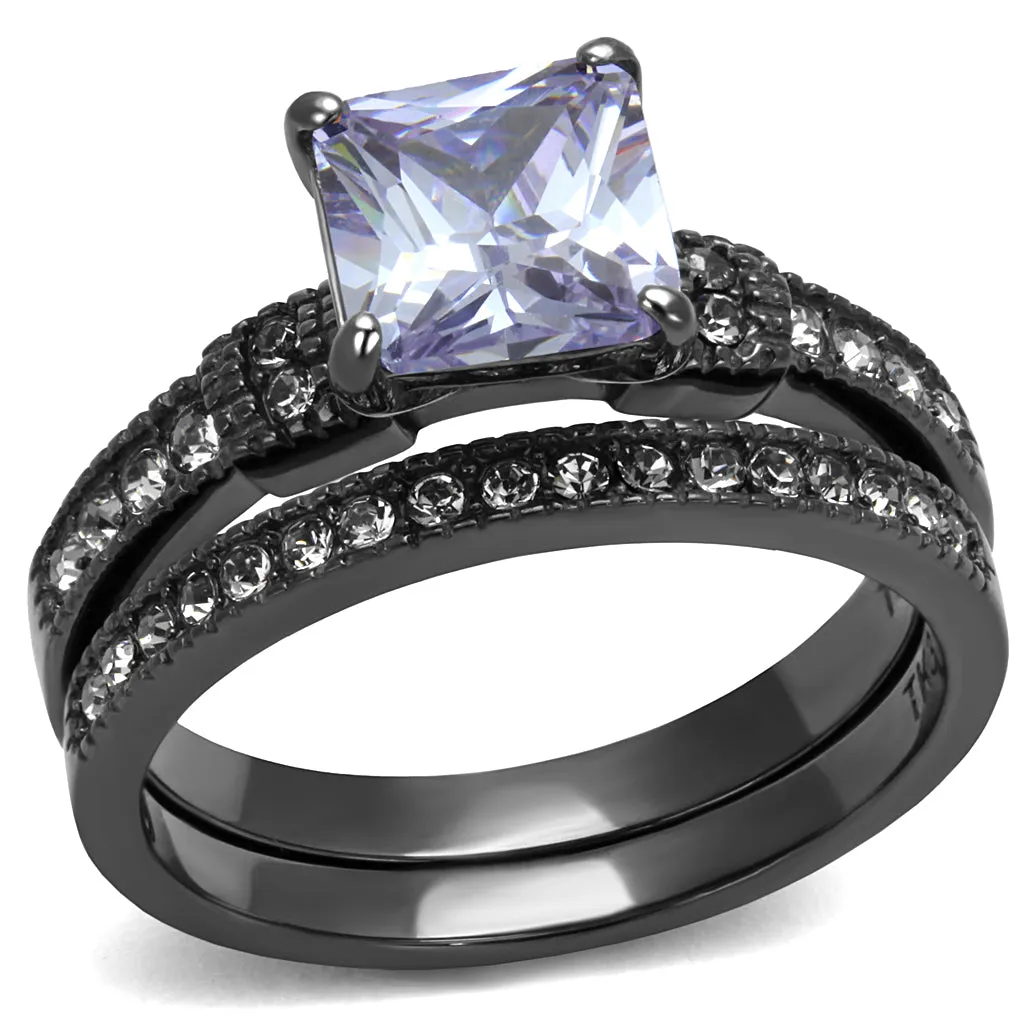 CJE2970 Wholesale Stainless Steel Light Black CZ Princess Cut Ring Set