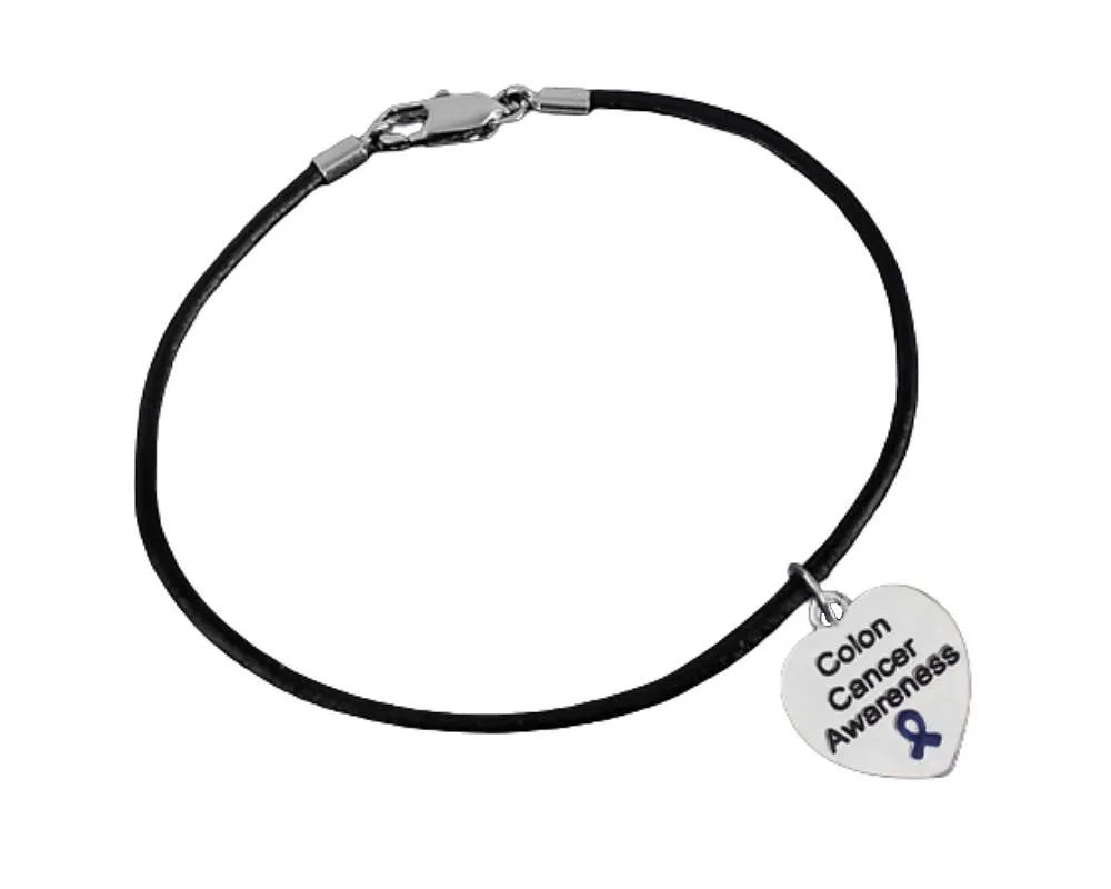Colon Cancer Awareness Heart Charm Leather Cord Bracelets