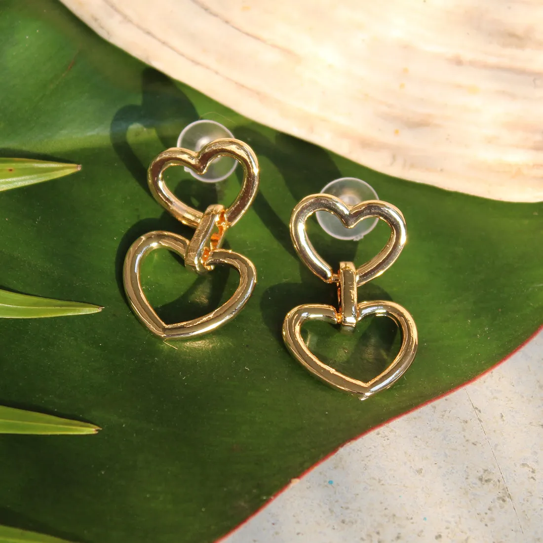 CONTEMPORARY HEART GOLD-TONED DOUBLE DROP EARRINGS