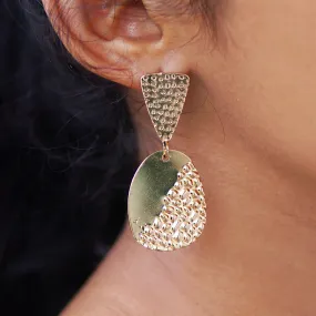 CONTEMPORARY OVERSIZED HALF TEXTURED GOLD-TONED OVAL DROP EARRINGS