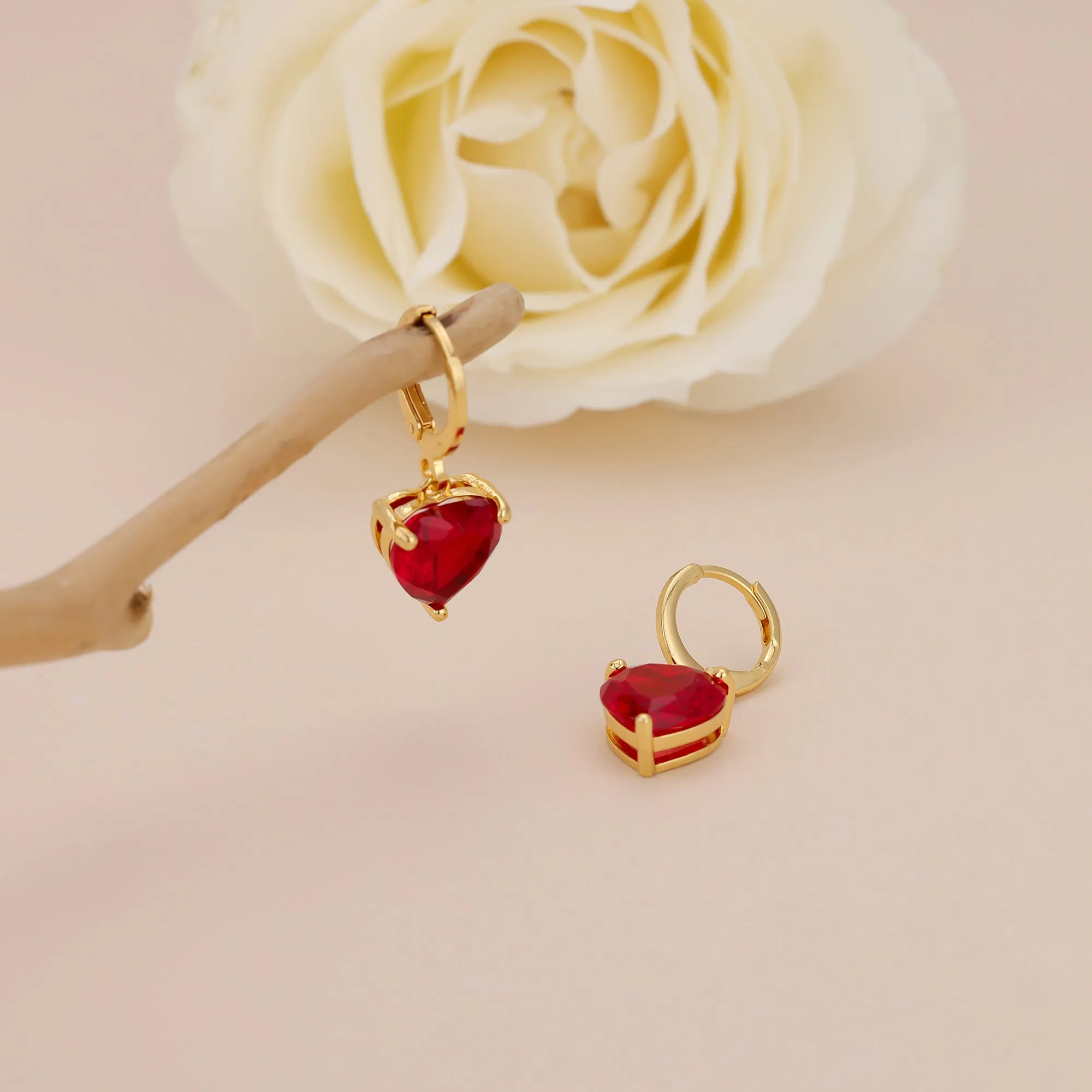 E149 red heart dangle huggie hoop earrings