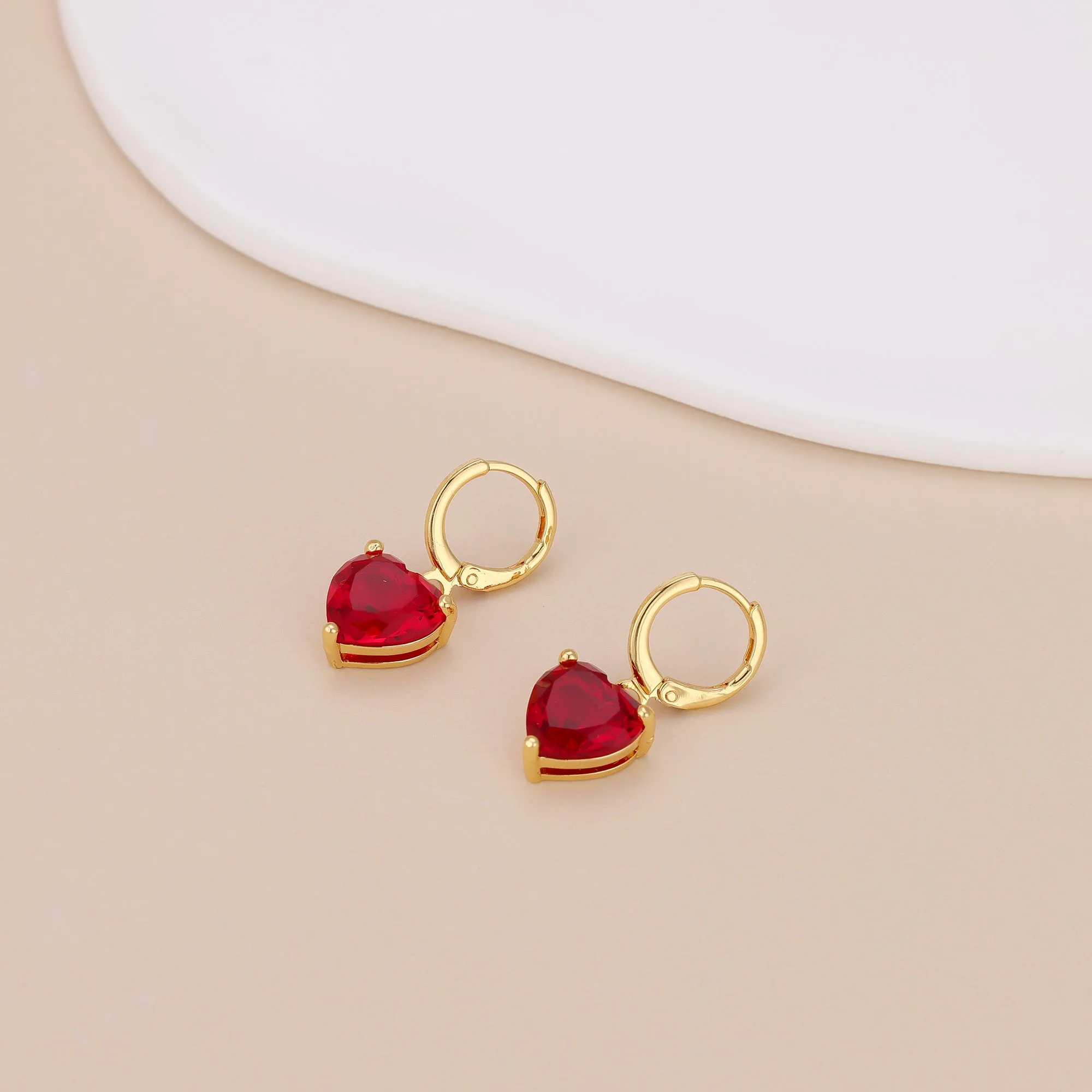 E149 red heart dangle huggie hoop earrings