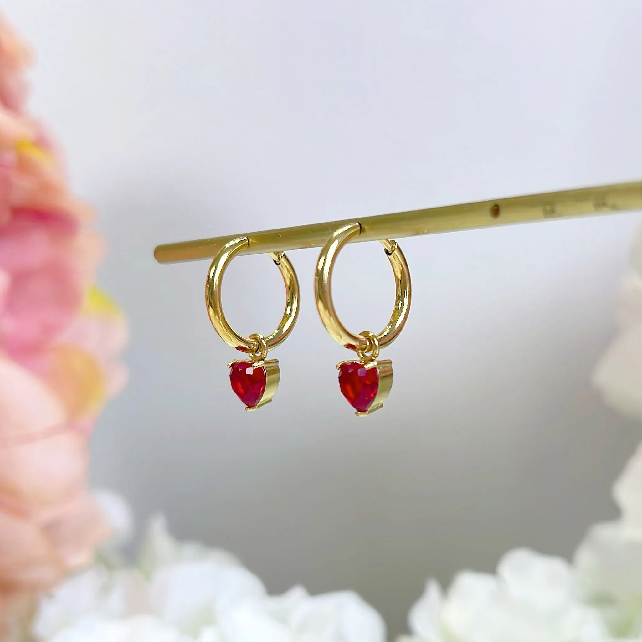 E169 dainty ruby red heart dangle earrings
