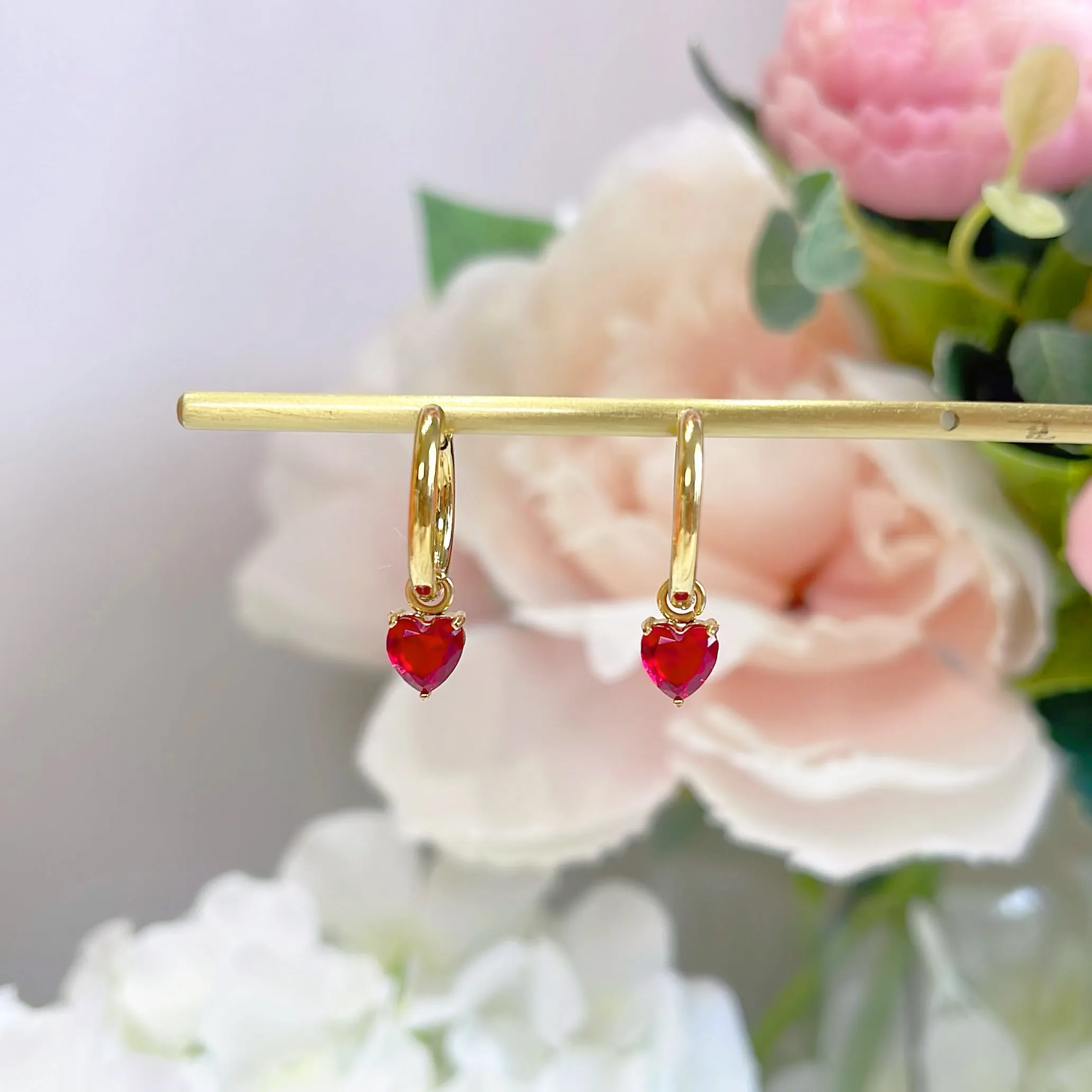 E169 dainty ruby red heart dangle earrings