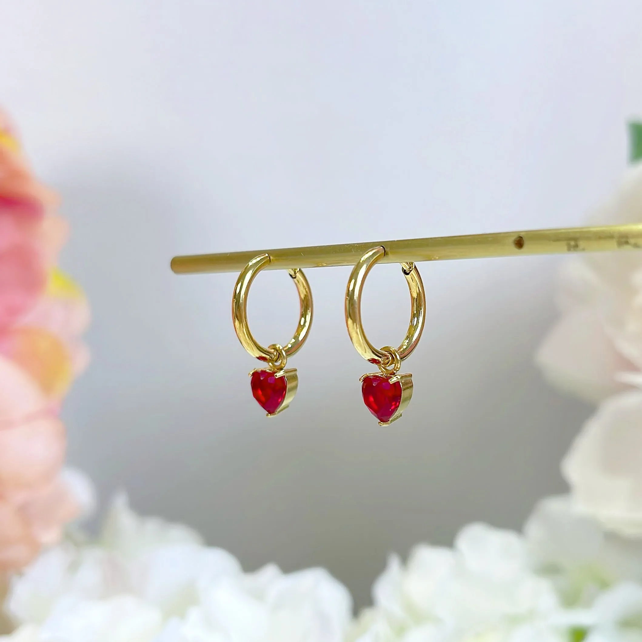 E169 dainty ruby red heart dangle earrings